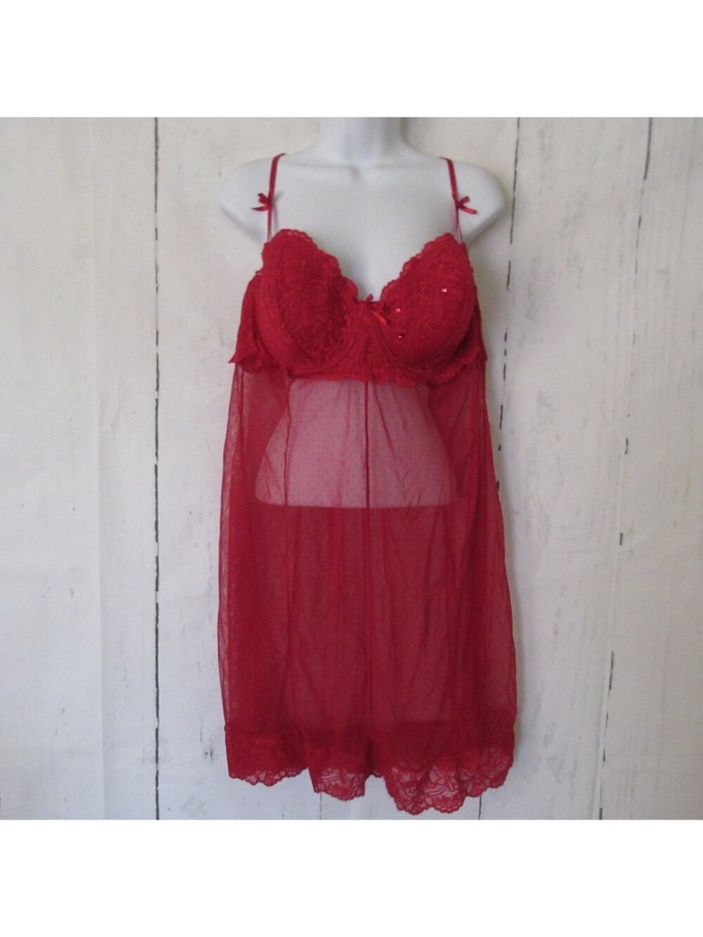 Cacique Nightgown 22 24 Red Lace Bow Nightie Sheer Underwire Sexy